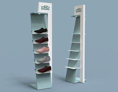 two tall white shelves with shoes on each shelf in front of one another and the other behind them