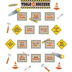 Help motivate your hard-working crew to develop their tools for success! The positive reminders, inspirational quotes, and engaging accents will help keep your team on task and striving toward their goal. Header piece measures 21" x 6". 31 total pieces. This is a bundle of 10 Sets 31 per Set Yellow Table Decorations, School Construction Theme, Construction Bulletin Board, Construction Theme Classroom, School Theme Ideas, Under Construction Theme, Classroom 2023, Motivational Bulletin Boards, Sunday School Bulletin Boards