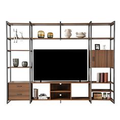 an entertainment center with shelves and a flat screen tv