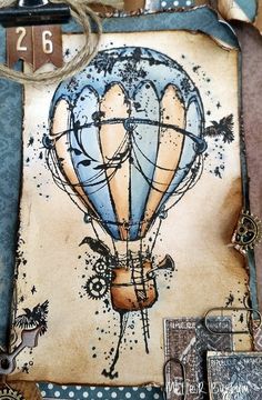 a close up of a card with a hot air balloon on it