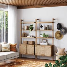 a living room filled with furniture and lots of plants on top of shelves next to a window