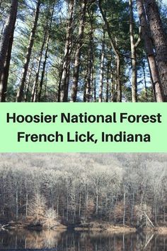 the woods and trees are reflected in water with text overlay that reads hooser national forest french lick, indiana