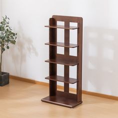 a wooden book shelf sitting on top of a hard wood floor next to a potted plant