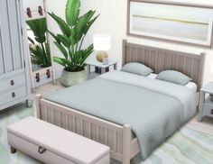 a bed room with a neatly made bed next to a dresser and a potted plant