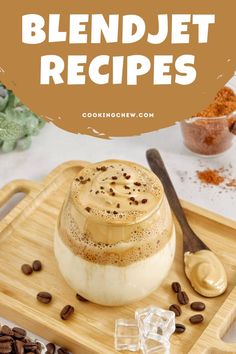 an image of homemade blender recipe on a cutting board with coffee beans and ice cubes