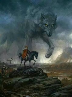 a man riding on the back of a horse next to a wolf