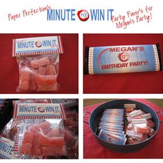 four pictures show different types of candies in plastic wrappers, and the words minute win it written on them