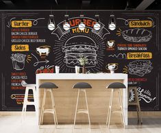 a kitchen with chalkboard wallpaper and stools