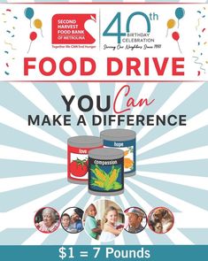 an advertisement for food drive with pictures of children and adults in the background, including two cans