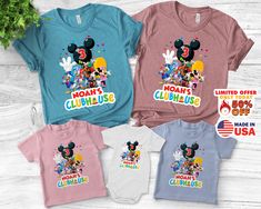 three shirts with mickey mouse's club house on them and the number 3 in front