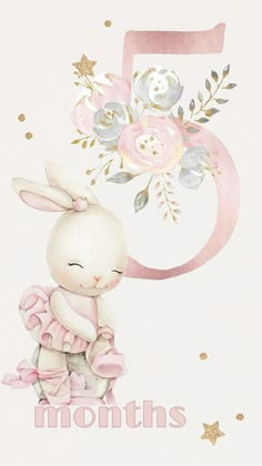 a pink and white greeting card with a bunny sitting on it's knees in front of the number five