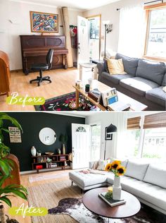 before and after pictures of a living room makeover with dark green walls, white couches, and sunflowers