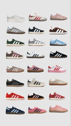 the adidas are all different colors and sizes, but there is no image to describe