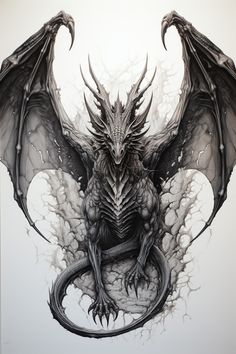 a drawing of a dragon sitting on top of a white surface with its wings spread out