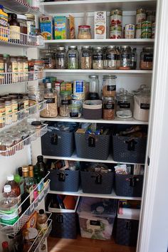 an organized pantry with lots of food and containers on the shelves, along with other items