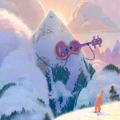 a painting of a person standing in the snow with a guitar strapped to their neck