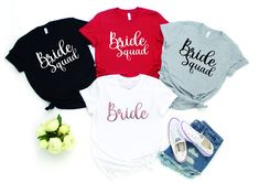 "Custom Bride Squad Tee Shirt, Bachelorette Party T Shirt, Bridal Party Shirt, Bride Squad Shirt, Custom Bridal Party Gift, Bride's Babes ---How To Order --- 1-) Please, check and review all photos 2-) Choose your t-shirt size and color 3-) Write your design color and year in personalization box 4-) Click add to cart. You can go back to add more product 5-)Click \"Proceed to check out\" 6-)When you check out, you can add a note to seller for any request SIZE AND COLORS: For sizing details and co Crazy Cousin Crew, Matching Cousin Shirts, Cousins Shirts, Birthday Group Shirts, Cousin Shirts, Faith Shirts, Bride Squad Shirt, Birthday Squad Shirts, Team Bride Shirts