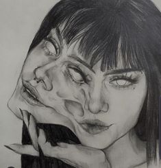 a pencil drawing of a woman holding her hand to her face