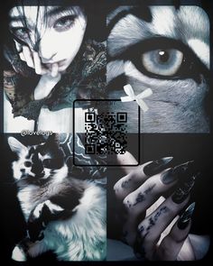 a collage of photos with cat and woman's face in the middle one has a qr code on it