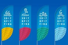 four flags with different designs on them and the names of each event in blue background