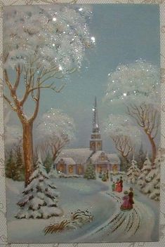 a painting of a church in the winter with snow on the ground and people riding sleighs