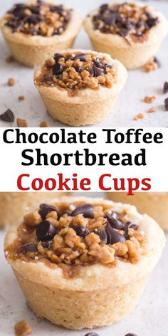 chocolate toffee shortbread cookie cups with text overlay