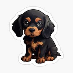 a black and brown dog with big eyes sitting down on the floor sticker is shown