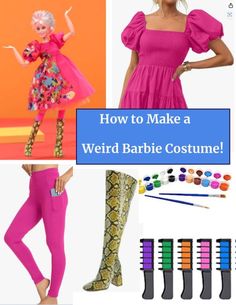 perfect weird barbie costume for Halloween parties! Weird Barbie Outfit Ideas, 1950s Barbie Costume, Weird Barbie Cosplay, Barbie Costume School Appropriate, Barbie Movie Costume Diy, Nostalgia Costume Ideas, Crazy Barbie Costume, Modest Barbie Costume, Midge Barbie Costume