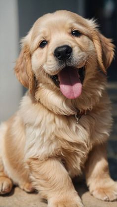 a close up of a dog laying on the ground with it's tongue out