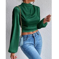 Super Cute And Stylish Ships In 5-10 Business Days Outfit Elegantes, Plus Size Inspiration, Women Lace Blouse, Draped Collar, Backless Halter Top, Denim Fashion Women, Satin Blouses, Plain Tops, Satin Blouse