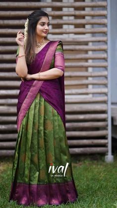 Silk Davani Designs, South Lehenga, Davani Half Saree, Half Saree Designs Simple, Athmika Sumithran, Dhavani Designs, Traditional Half Saree Designs, Chaniya Choli For Wedding