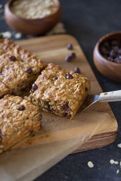 chocolate chip oatmeal bars on a cutting board