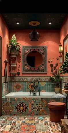 a bathroom with an ornate tiled floor and walls, along with potted plants in the corner