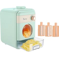 three pasta dispensers are shown with one being pulled out and the other is uncooked