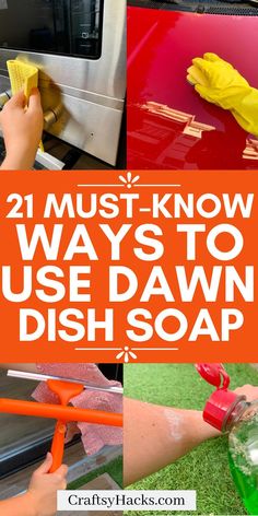 the words 21 must know ways to use dawn dish soap are overlaid with images of cleaning products