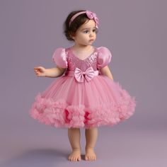 Summer Baby Girl Dress 2024 New Sequin Puff Sleeve Pink Princess Dress Bow Mesh Dress Banquet Baby Girl Dresses Western, Baby Girl Dresses Party Wear, Baby Girl Gown Designs, 1st Birthday Dress For Baby Girl, Birthday Frocks For Kids, Party Frocks For Kids, Baby Gowns Party Wear, Toddler Prom Dresses, Frock For Baby Girl