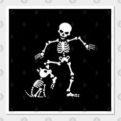 a skeleton dancing with a cat on its back in white and black, against a black background