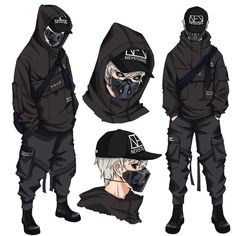 an anime character wearing black clothing and hoodie with his face covered by a mask