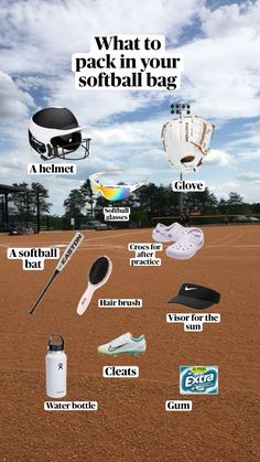 an advertisement with different items on it and the words what to pack in your softball bag