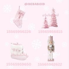 various items are displayed on a pink background with snowflakes and christmas tree decorations