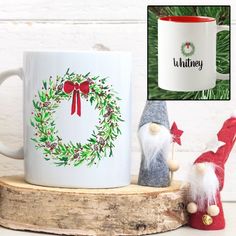 Christmas Wreath Watercolor Red Berries & Pine Two-Tone Coffee Mug Christmas Wreath Watercolor, Watercolor Red, Wreath Watercolor, Personalized Coffee Mugs, Red Berries, Christmas Mugs, Brighten Your Day, Christmas Wreath, Custom Mugs