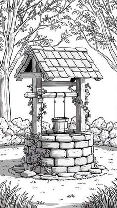 a drawing of a well in the woods