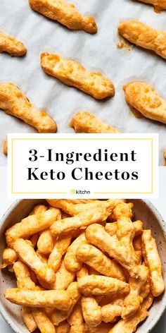 three ingredient keto cheetos in a bowl with the title overlaying