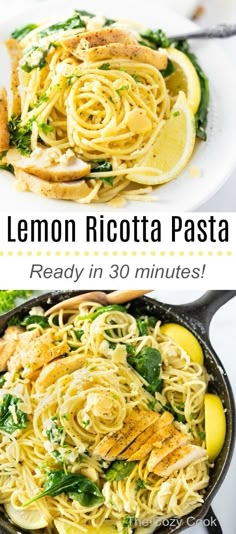 lemon ricotta pasta with spinach and chicken in a skillet