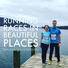 a man and woman standing on a dock with the words running races in beautiful places