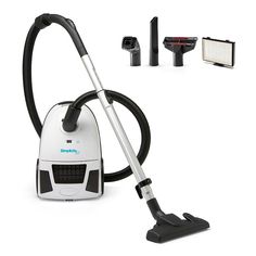 a white and black vacuum is shown with accessories