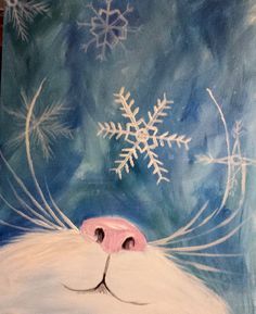 a painting of a white cat with snowflakes on it's face and nose