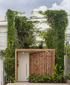 an entrance to a building with vines growing on the wall and door in the center