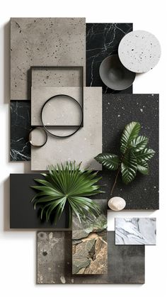 a collage of different shapes and sizes of plants, rocks, and marbles