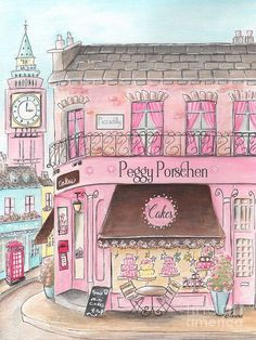 a drawing of a cafe called peggy poshen in front of a clock tower